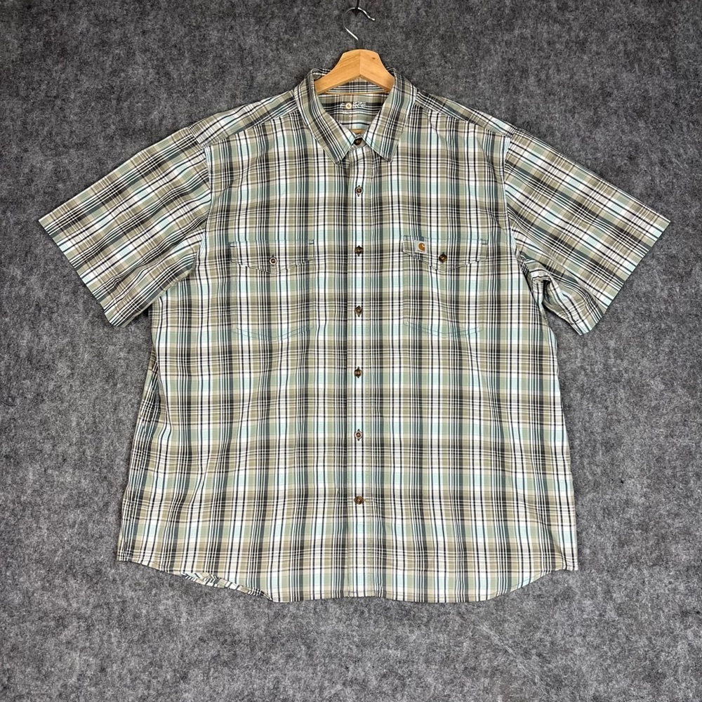 Carhartt Men's Short-Sleeve Plaid Button-Down Shirt - Green/Tan/Cream